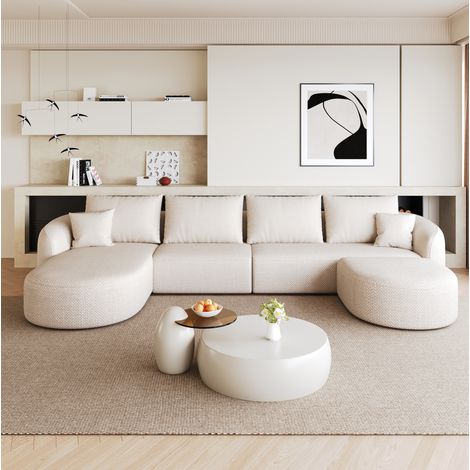 Sofá rinconera modular en U 336x168x85 cm de chenilla blanca sin montaje MEUBLIV (1/5)