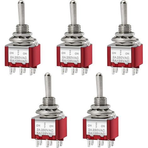 Mini momentané Interrupteur à bascule Mts-223 (ON)-OFF-(ON) DPDT 6 broches, 2 A 250 V, 6 A 125 V, Lot de 5 (1/5)