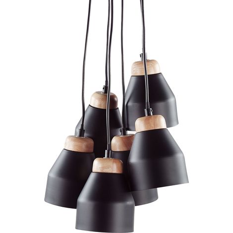 Lámpara colgante de metal negro y madera clara 6 luces forma de campana moderna Cestos