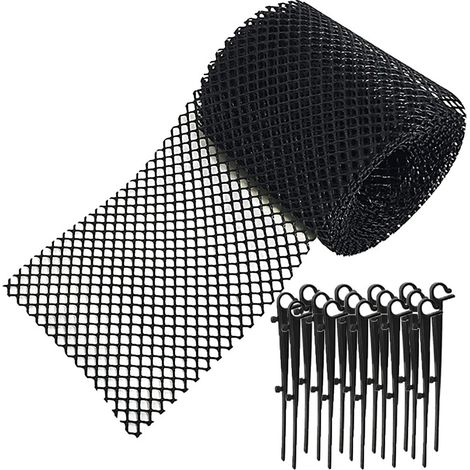 Protector de canalones repelente a la suciedad: malla protectora de plástico negro flexible de 18 cm × 8 m con 15 clips de fijación. (1/5)