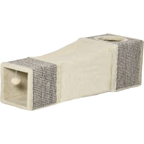 PawHut Tubo per Gatti Pieghevole con Pallina e Tiragraffi Sisal Peluche Crema