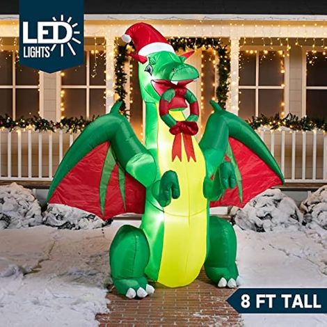 Dragon de Noël gonflable réaliste de 2,4 m avec lumières LED intégrées, idéal pour les fêtes, l'intérieur, l'extérieur, la cour, le jardin et la pelouse. (1/4)