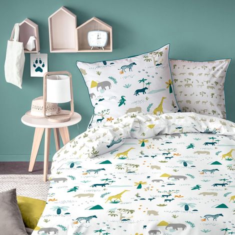 Parure de Lit Garçon 140x200 cm Safari  100% Coton  Oeko-Tex  Housse de Couette Enfant 140x200 cm + 1 Taie d'oreiller 63x63 cm Imprimées Réversibles  Blanc, Kaki (1/5)