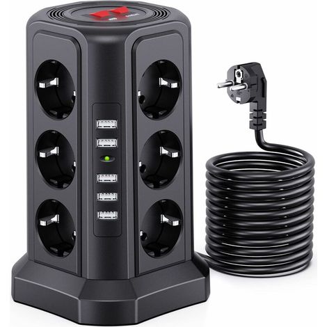 royaluxe - Multiprise Electrique 1.8M, à 12 Prises et 5 Ports USB, Multiprise Parefoudre avec 2 Interrupteurs Protection Contre, 1.8M Cordon,Convient pour Le Salon, la Chambre, et Le Bureau noir——, I (1/5)