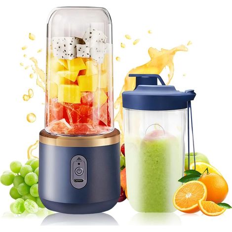 Mixeur portable, 400 ml, avec gobelet de rechange, rechargeable par USB, petit blender à emporter avec 6 lames, mini blender pour milkshakes, jus, smoothies (bleu) (1/5)