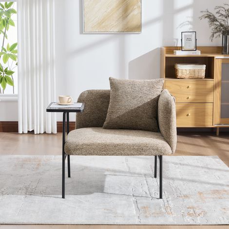 Sillón de Salón en Chenilla con Mesa Lateral, 2 Bolsillos de Almacenamiento, Caqui (1/5)