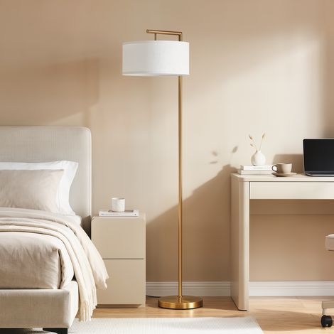 Lampadaire avec abat-jour en tissu, lampadaire de salon avec douille E27 (ampoule non incluse), doré et blanc (1/5)