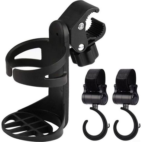 Porte-gobelet universel pour poussette et vélo, rotation à 360°, porte-bouteille réglable avec crochets, compatible fauteuil roulant et rollator, noir (1/5)