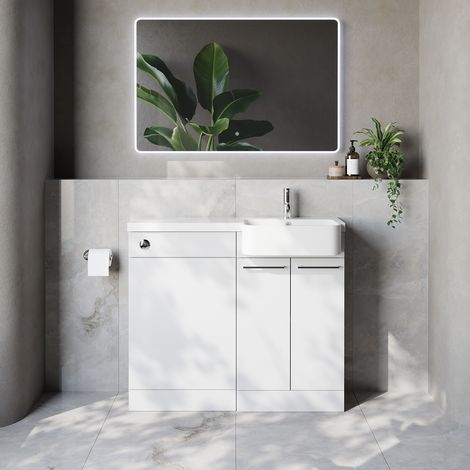 Napoli 250 Gloss White 1000mm 2 Door Vanity Unit Toilet Suite with Right Hand Round Rico Semi Recessed Basin - 1000mm - Chrome 160mm HandleWithout Kingston Toilet Pan