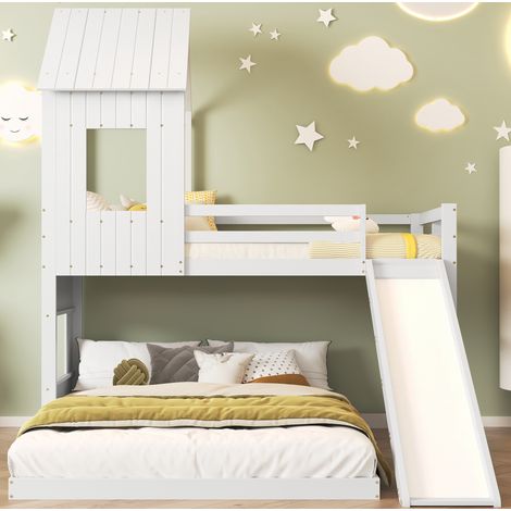Kinder-Etagenbett 90x200/140x200 cm aus Holz und MDF, weiß, mit Rutsche, ohne Matratze (1/5)