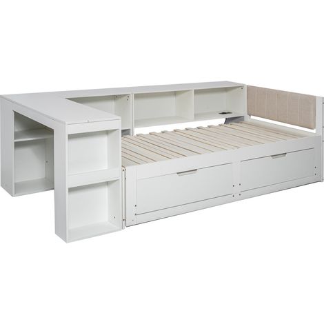 Cama extensible 90 x 200 cm con escritorio, almacenaje y toma EU, blanco mate HOMVRA (1/5)