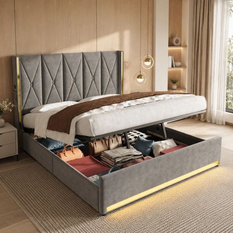 Lit coffre capitonné en velours gris foncé 180x200 cm, tête de lit haute, USB, LED, 3 colis (1/5)