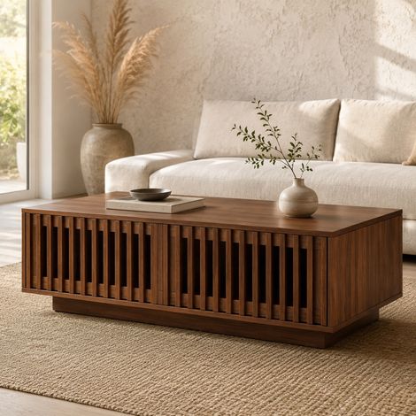Table basse 100/50/35 cm couleur noyer avec 2 portes ajourées et espace de rangement (1/5)