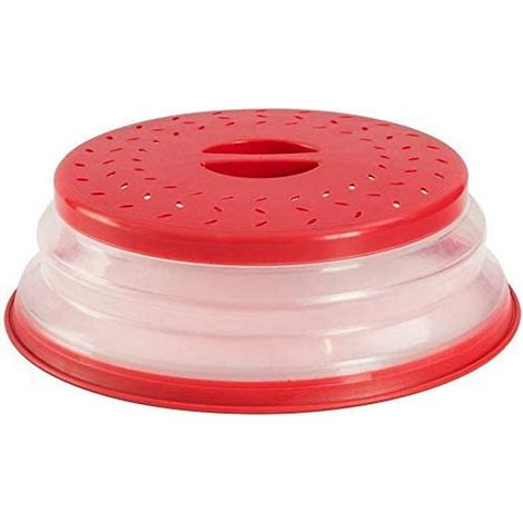 Coperchio pieghevole per microonde con scolapasta per frutta e verdura, diametro 27 cm, altezza 8,5 cm, accessori lavabili in lavastoviglie, senza BPA e atossico, rosso (1/4)