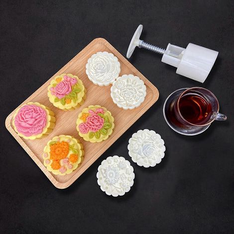 Tampon à gâteau de lune en plastique, moule à gâteau de lune en forme de fleur mignonne, outil de pression manuelle pour les fêtes (1/4)