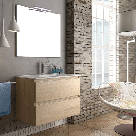 Meuble de salle de bain 70cm simple vasque - 2 tiroirs - bambou (chêne clair) - BALEA (1/5)