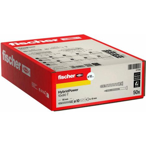 Fischer 50 x HybridPower T, tacos alargados de nailon y acero con tornillo avellanado plano Torx, seguro como un anclaje metálico y fácil de instalar como un taco de nailon, 577365