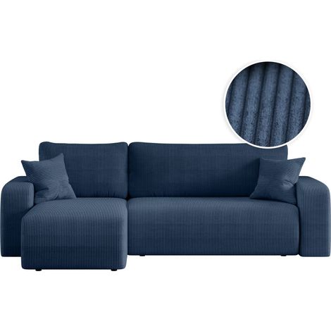 Loungitude – Canapé d'angle convertible réversible 4 places en velours côtelé – Dossier basculant pour lit d'appoint – Rangement intégré – Bleu foncé (1/5)