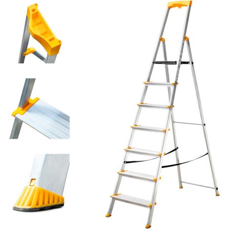 Escabeau pliable aluminium 7 marches – Marches extra larges 12cm – Hauteur de travail max 3,47m – Charge max 150kg – Garantie 5 ans