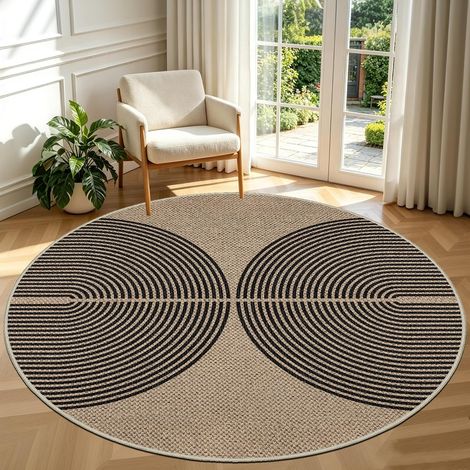 Capslpad Tapis d'extérieur, rond, 200 cm, aspect jute, résistant aux intempéries, lavable, antidérapant, naturel, pour salon, balcon, terrasse, cuisine, jardin - Couleur : noir (1/5)
