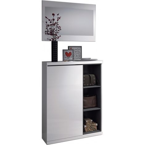 Flurmöbel 79x25x108h cm mit Schuhregal und Spiegel, weiß hochglanz aschgrau – Alhena (1/5)