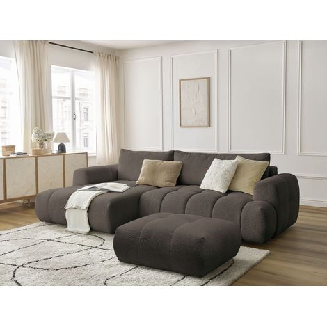 BOBOCHIC - Canapé d'angle convertible FUJI tissu bouclette avec pouf Angle gauche  Marron (1/5)