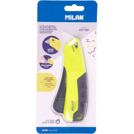 Cutter - Lame métal - Auto-rétractable - Jaune - Verrouillage de sécurité - Milan