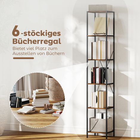 Lot de 2 bibliothèques 6 tablettes, cadre en métal, pour séjour, bureau, chambre, finition bois vieilli (1/4)