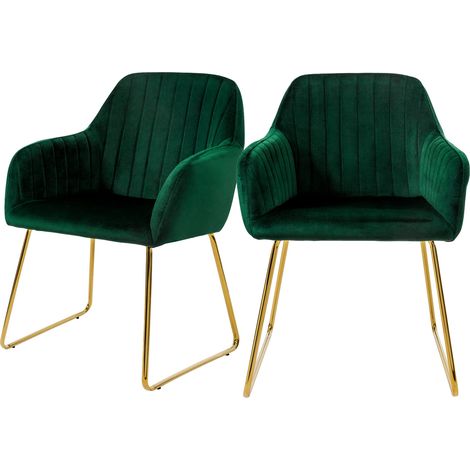 ML-Design Esszimmerstühle 2er Set, Sitzfläche aus Samt, Grün, Wohnzimmerstuhl mit Rücken- und Armlehnen, Küchenstuhl Gold Beine, Polsterstuhl mit Metallgestell, Ergonomische Sessel für Esstisch