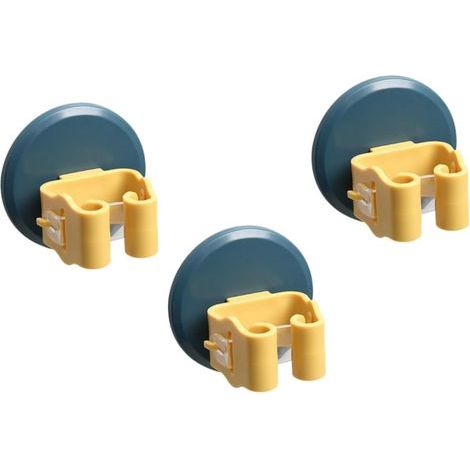 CCYKXA Set of 3 Wall-Mounted Suction Cup Broom Holders, Anti-Slip, Clips for Mop with Mops, Blue and Yellow, No Drilling Required for Bathroom, Kitchen and Balcony, Practical Utility Storage