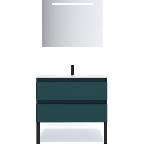 Meuble de salle de bain suspendu vasque intégrée 90cm 2 tiroirs Bleu + miroir - Hudson (1/5)