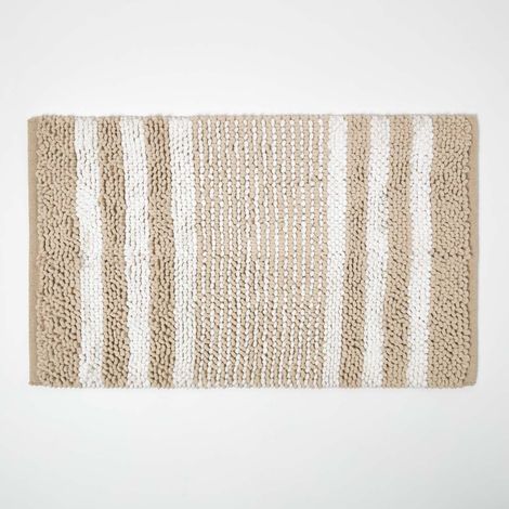 HOMESCAPES Chenille Badematte anthrazit-weiß gestreift aus 100% Baumwolle, 50 x 80 cm