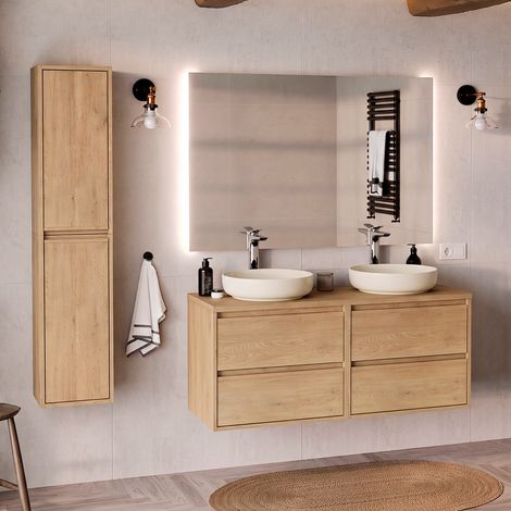 Doppelwaschtisch und Hängesäule 120cm Edmé mit 4 Schubladen, Holzoptik (1/5)