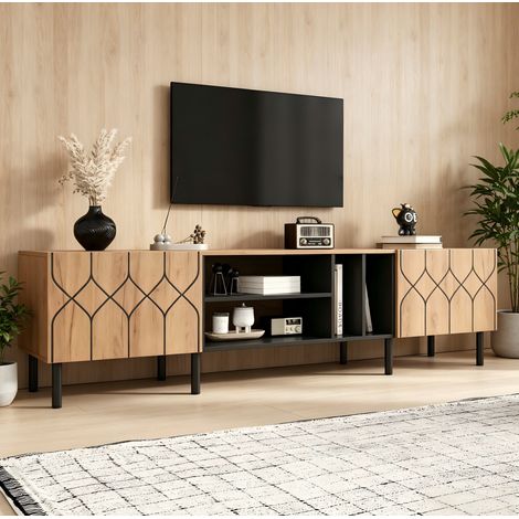 MEUBLIV TV-Lowboard 180x40x50 cm Natur und Schwarz – 4 offene Fächer, 2 grifflose Türen (1/5)