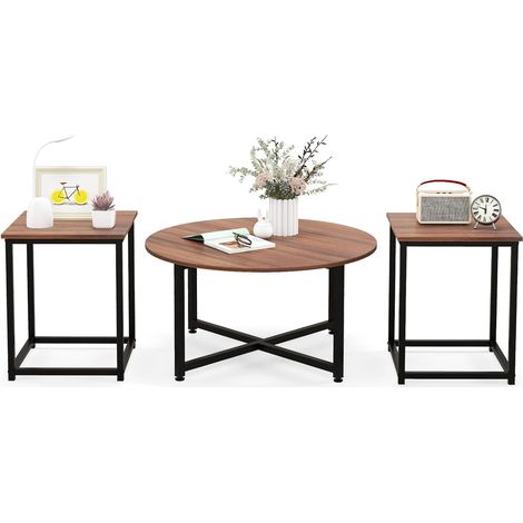 COSTWAY Conjunto de Mesa de Centro de 3 Piezas, Mesa Auxiliar Redonda y 2 Mesas de Centro Cuadradas con Estructura de Metal Resistente, Juego de 3 Mesas de Sala Modernas de 3 (Nogal y Negro) (1/5)