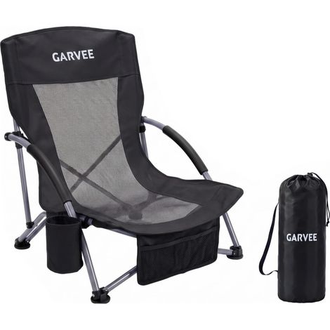Chaise de plage pliante noire, légère, porte-gobelet, sac inclus (1/5)