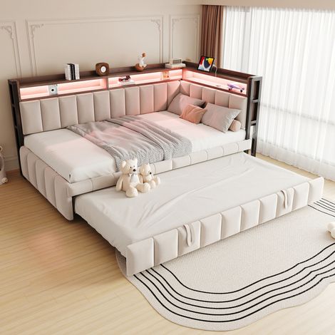 Gain de Place et Accueil Invités Banquette Lit Gigogne 90x200 cm avec Éclairage LED Prises USB Type-C et Rangements (1/5)