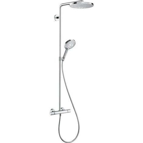 Colonne de douche avec mitigeur thermostatique, douche pluie 240 mm avec robinet, douchette, support, flexible de douche, barre et douche de tête ronde, Chromé, 27633000 (1/5)