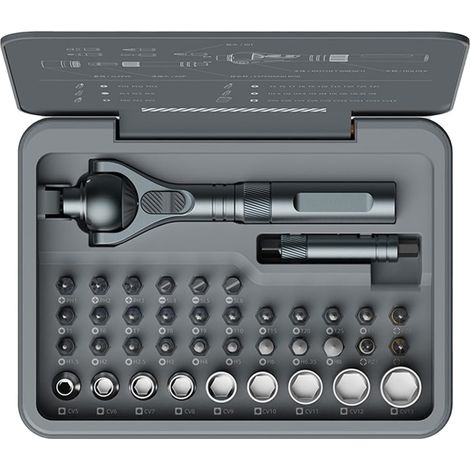 Ensemble de tournevis à cliquet 45 dents, poignée pivotante 180 degrés, 40 outils et boîte rangement pour réparation électronique, clé multifonction - (1/5)