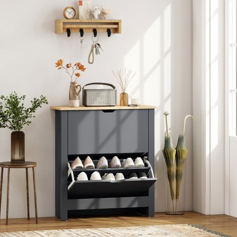 Scarpiera 72x26x80 cm, a 2 cassetti ribaltabili, vano per 12 paia, struttura in legno, grigio scuro (1/5)