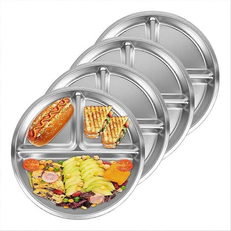 Lot de 4 inox assiettes, 8 pouces 3 section rond compartimenté assiettes portion control assiettes partition assiette (1/5)