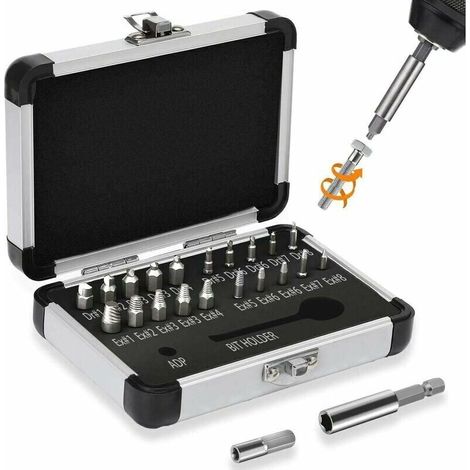 Extracteur de vis pour vis endommagées, extracteur de vis 22 pièces avec embouts de polissage séparés et embouts d'extraction pour boulons ou vis endommagés, diamètre 2-12 mm, dureté 64-65 HRC (1/5)