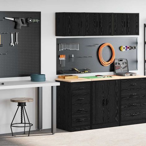 Ensemble 2 armoires de garage noir avec plan de travail en pin, bois d’ingénierie - PANGIVO (1/5)