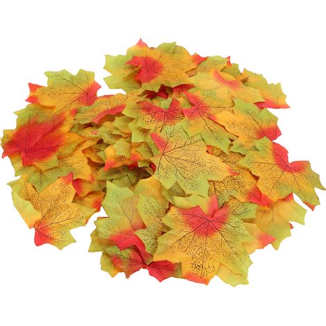 100 feuilles d'érable artificielles par sachet pour la décoration de table lors de fêtes d'automne, mariages et autres réceptions (rouge et vert). (1/5)