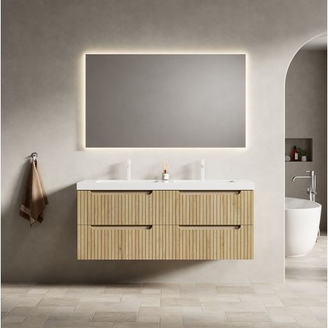 Mueble de baño suspendido 120 cm moderno con doble lavabo integrado de resina, 4 cajones cierre suave, roble blanco (1/5)