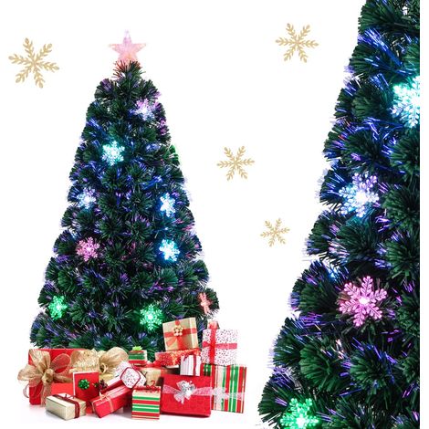 Albero di Natale con fibra ottica da 120cm, rami PVC, luci LED e fiocchi di neve (1/3)