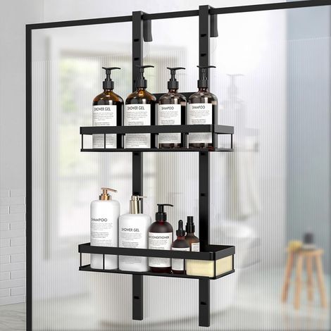 1 Étagère Douche 2 Niveaux Réglable, Panier Métal Noir 40 Livres, Ventouses Anti-rayures, Pour Porte Verre 4cm (1/5)