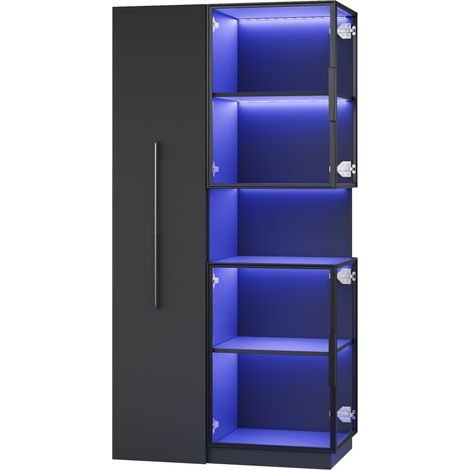 Vitrina de pie negra 70 x 38 x 160 cm con estantes extraíbles y LED, MDF y cristal (1/5)