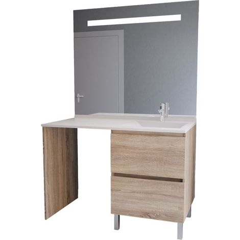 Cuisibane – Meuble lave-mains avec plan vasque déportée à droite – 2 tiroirs de rangement – Largeur 60 cm – Miroir LED Élégance 124 cm h105 (1/5)
