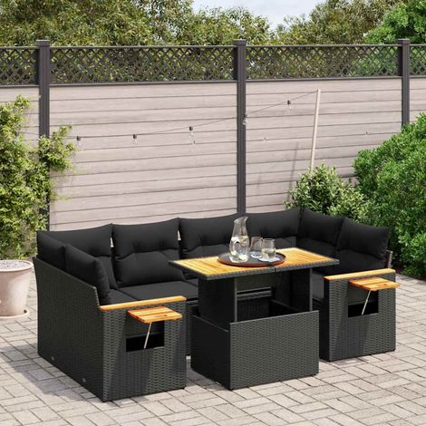 Salon de jardin modulable 7 pièces avec coussins noirs en résine tressée et table relevable - PANGIVO (1/3)